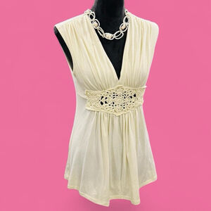 Vintage Y2K Windsor Cream Babydoll Boho Empire Waist Tunic Crochet Waist Top MED